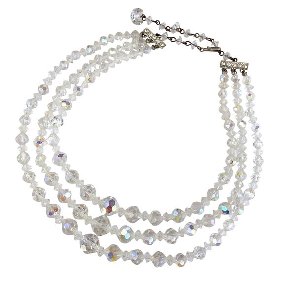 VTG Mid Century AB Crystal Triple Strand Necklace Aurora Borealis 1950s Bridal - Picture 1 of 12